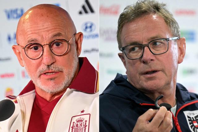This combination of pictures created on July 1, 2026, shows Spain's head coach Luis de la Fuente (L) giving a press conference in Inglewood on July 1, 2026; and Austria's German head coach Ralf Rangnick (R) in Kansas City on June 26, 2026. Spain and Austria will meet in a 2026 World Cup round of 32 football match at the Los Angeles Stadium in Inglewood on July 2, 2026. (Photo by Patrick T. Fallon and Juan MABROMATA / AFP)