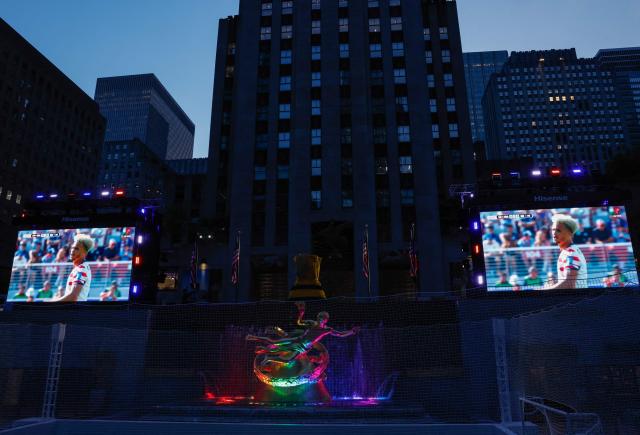 Screens are set as fans gather to watch the 2026 World Cup match between USA and Bosnia and Herzegovina at the Rockefeller center in New York, on July 1, 2026. (Photo by kena betancur / AFP)