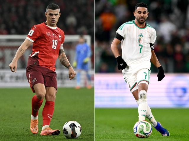 This combination of pictures created on July 1, 2026, shows Switzerland's midfielder #10 Granit Xhaka (L) controlling the ball in Geneva on November 15, 2025; and Algeria’s forward #07 Riyad Mahrez (R) controlling the ball in Turin on March 31, 2026. Switzerland and Algeria will meet in a 2026 World Cup round of 32 football match at the BC Place Vancouver Stadium in Vancouver on July 2, 2026. (Photo by Fabrice COFFRINI and Marco BERTORELLO / AFP)