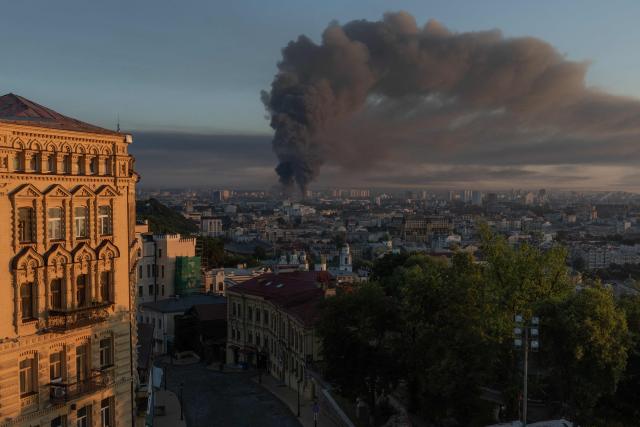 Smoke rises over the city following a Russian air attack on Kyiv, on July 2, 2026, amid the Russian invasion of Ukraine. Russian missile and drone strikes rocked Kyiv early on July 2, killing two people and wounding more than a dozen, after President Volodymyr Zelensky warned that Moscow was preparing a "massive attack". (Photo by Roman PILIPEY / AFP)