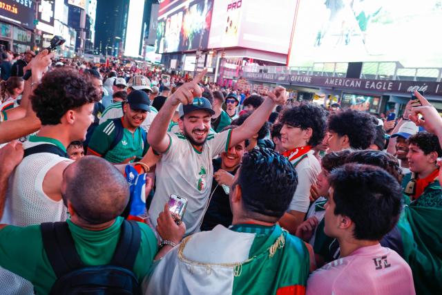 Fans of Algeria gather in Times Square in New York on July 1, 2026, the day before the 2026 World Cup Round of 32 match between ALgeria and Switzerland. (Photo by kena betancur / AFP)
