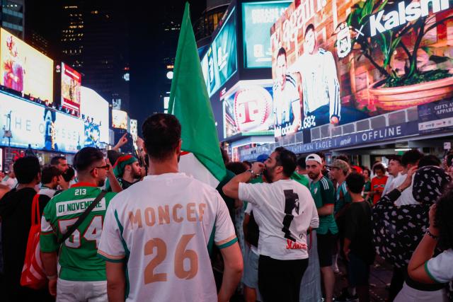Fans of Algeria gather in Times Square, New York on July 1, 2026, the day before the 2026 World Cup Round of 32 match between Algeria and Switzerland. (Photo by kena betancur / AFP)