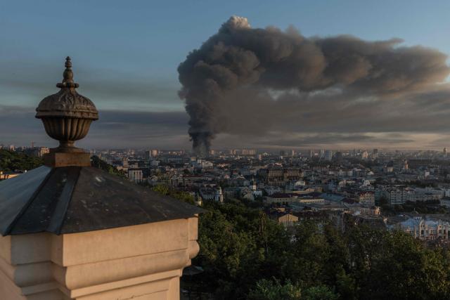 Smoke rises over the city following a Russian air attack on Kyiv on July 2, 2026, amid the Russian invasion of Ukraine. A barrage of Russian missiles and drones killed at least 13 people in the Ukrainian capital of Kyiv, officials said on July 2, as Ukraine urged its allies to send more air defence systems. (Photo by Roman PILIPEY / AFP)
