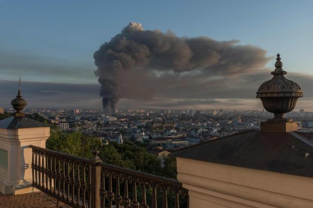 Smoke rises over the city following a Russian air attack on Kyiv on July 2, 2026, amid the Russian invasion of Ukraine. A barrage of Russian missiles and drones killed at least 13 people in the Ukrainian capital of Kyiv, officials said on July 2, as Ukraine urged its allies to send more air defence systems. (Photo by Roman PILIPEY / AFP)