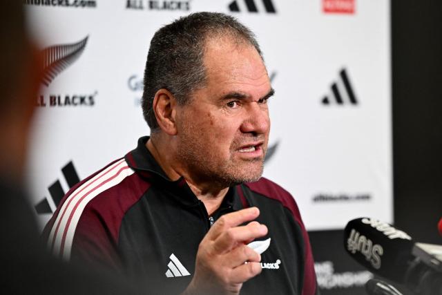 New Zealand's coach Dave Rennie speaks to the media after naming his team at One New Zealand Stadium in Christchurch on July 2, 2026, ahead of the rugby Nations Championship match against France. (Photo by Sanka VIDANAGAMA / AFP)