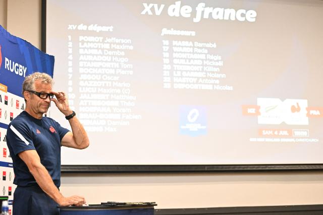 France's head coach Fabien Galthié speaks to the media after naming his team in Christchurch on July 2, 2026, ahead of the rugby Nations Championship match against New Zealand. (Photo by Sanka VIDANAGAMA / AFP)