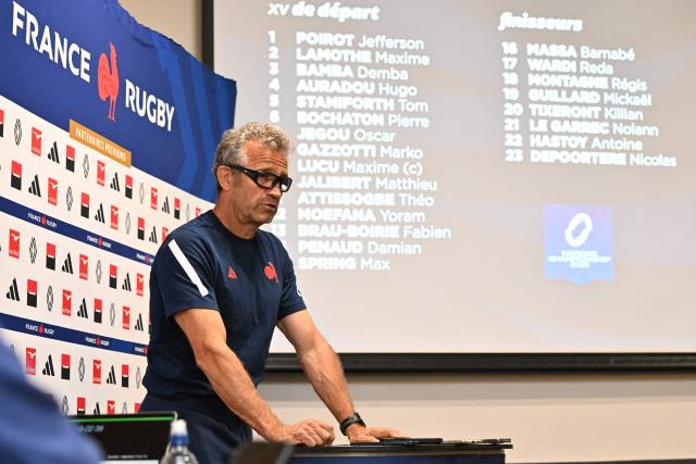 France's head coach Fabien Galthié speaks to the media after naming his team in Christchurch on July 2, 2026, ahead of the rugby Nations Championship match against New Zealand. (Photo by Sanka VIDANAGAMA / AFP)