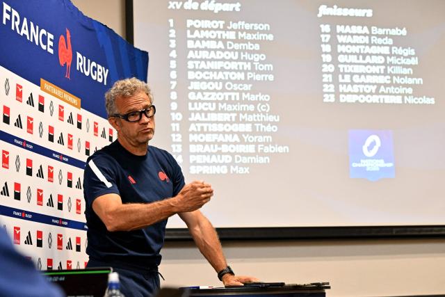 France's head coach Fabien Galthié speaks to the media after naming his team in Christchurch on July 2, 2026, ahead of the rugby Nations Championship match against New Zealand. (Photo by Sanka VIDANAGAMA / AFP)