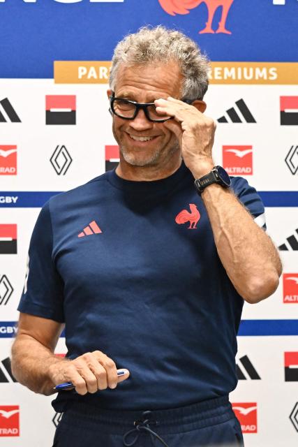 France's head coach Fabien Galthié speaks to the media after naming his team in Christchurch on July 2, 2026, ahead of the rugby Nations Championship match against New Zealand. (Photo by Sanka VIDANAGAMA / AFP)