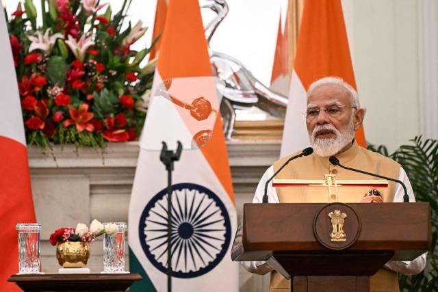 India's Prime Minister Narendra Modi speaks during joint press statements with Japan's Prime Minister Sanae Takaichi after their meeting at Hyderabad House in New Delhi on July 2, 2026. (Photo by Sajjad HUSSAIN / AFP)