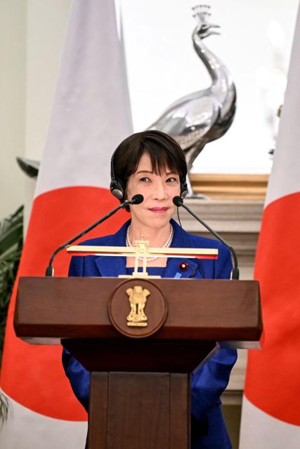 Japan's Prime Minister Sanae Takaichi looks on as India's Prime Minister Narendra Modi speaks during their joint press statements after their meeting at the Hyderabad House in New Delhi on July 2, 2026. (Photo by Sajjad HUSSAIN / AFP)