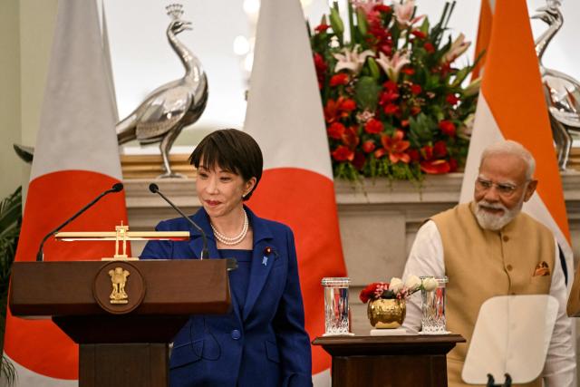 Japan's Prime Minister Sanae Takaichi (L) and India's Prime Minister Narendra Modi leave after addressing joint press statements at Hyderabad House in New Delhi on July 2, 2026. (Photo by Sajjad HUSSAIN / AFP)