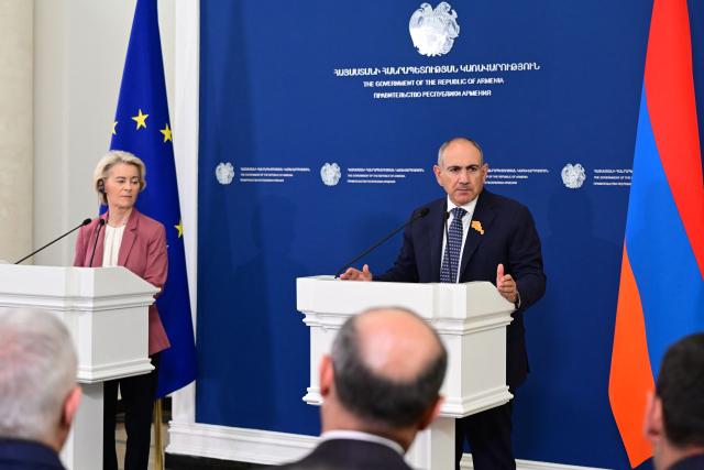 Armenian Prime Minister Nikol Pashinyan and European Commission President Ursula von der Leyen hold a joint press conference following their talks in Yerevan on July 2, 2026. (Photo by Karen MINASYAN / AFP)