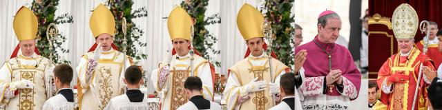 (COMBO) This combination of pictures created on July 2, 2026 shows New traditionalist Catholic consacred bishop Swiss Pascal Schreiber, New traditionalist Catholic consacred bishop US' Michael Goldade, New traditionalist Catholic consacred bishop French Michel Poinsinet de Sivry and New traditionalist Catholic consacred bishop French Marc Hanappier during the schismatic consecration of bishops by the traditionalist Catholic Society of Saint Pius X (SSPX) in Econe, western Switzerland, on July 1, 2026 and Traditionalist Catholic Bishop of the Society of Saint Pius X (SSPX) Alfonso de Galarreta and Swiss traditionalist Catholic Bishop and former Superior General of the Society of Saint Pius X (SSPX) Bernard Fellay (C) taking part in an ordination ceremony of the traditionalist Catholic Society of Saint Pius X (SSPX), in Econe, near Sion, western Switzerland, on June 29, 2026. The Vatican on July 2, 2026 excommunicated six bishops from the ultraconservative Society of St Pius X and said any lay believers who "formally adhere" to the group would suffer the same fate. The Vatican decree comes a day after the traditionalist breakaway group consecrated four new bishops, defying a plea from Pope Leo XIV not to do so. (Photo by Fabrice COFFRINI / AFP)
