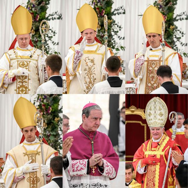 (COMBO) This combination of pictures created on July 2, 2026 shows New traditionalist Catholic consacred bishop Swiss Pascal Schreiber, New traditionalist Catholic consacred bishop US' Michael Goldade, New traditionalist Catholic consacred bishop French Michel Poinsinet de Sivry and New traditionalist Catholic consacred bishop French Marc Hanappier during the schismatic consecration of bishops by the traditionalist Catholic Society of Saint Pius X (SSPX) in Econe, western Switzerland, on July 1, 2026 and Traditionalist Catholic Bishop of the Society of Saint Pius X (SSPX) Alfonso de Galarreta and Swiss traditionalist Catholic Bishop and former Superior General of the Society of Saint Pius X (SSPX) Bernard Fellay (C) taking part in an ordination ceremony of the traditionalist Catholic Society of Saint Pius X (SSPX), in Econe, near Sion, western Switzerland, on June 29, 2026. The Vatican on July 2, 2026 excommunicated six bishops from the ultraconservative Society of St Pius X and said any lay believers who "formally adhere" to the group would suffer the same fate. The Vatican decree comes a day after the traditionalist breakaway group consecrated four new bishops, defying a plea from Pope Leo XIV not to do so. (Photo by Fabrice COFFRINI / AFP)