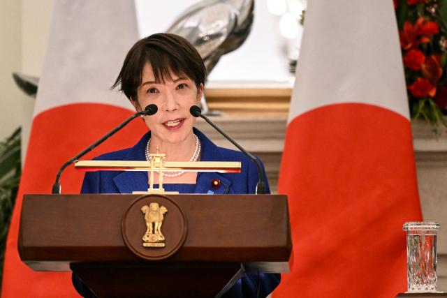 Japan's Prime Minister Sanae Takaichi speaks during joint press statements with India's Prime Minister Narendra Modi after their meeting at the Hyderabad House in New Delhi on July 2, 2026 (Photo by Sajjad HUSSAIN / AFP)
