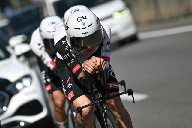 UAE Team Emirates - XRG team's Slovenian rider Tadej Pogacar cycles as he part in a team training session two days prior to the start of the 113th edition of the Tour de France cycling race, in Barcelona in northeastern Spain, on July 2, 2026. (Photo by Jeff PACHOUD / AFP)