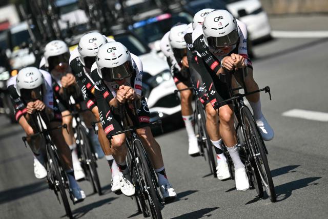 UAE Team Emirates - XRG team's Slovenian rider Tadej Pogacar (R) and his teammates cycle during a training session two days prior to the start of the 113th edition of the Tour de France cycling race, in Barcelona in northeastern Spain, on July 2, 2026. (Photo by Jeff PACHOUD / AFP)