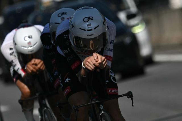 UAE Team Emirates - XRG team's Slovenian rider Tadej Pogacar cycles as he takes part in a team training session two days prior to the start of the 113th edition of the Tour de France cycling race, in Barcelona in northeastern Spain, on July 2, 2026. (Photo by Jeff PACHOUD / AFP)