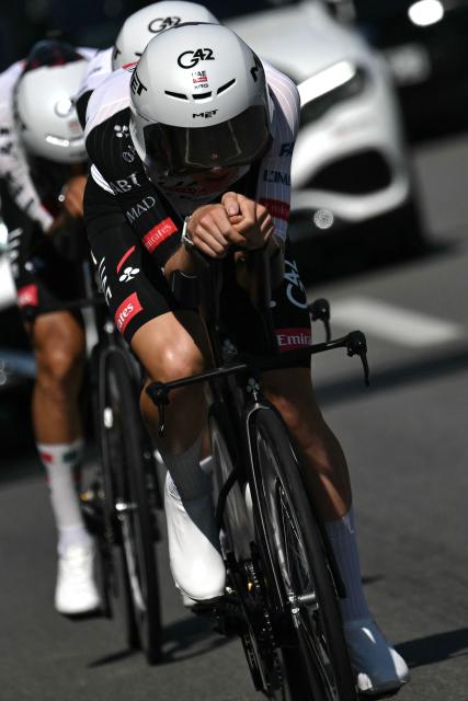 UAE Team Emirates - XRG team's Slovenian rider Tadej Pogacar cycles as he takes part in a team training session two days prior to the start of the 113th edition of the Tour de France cycling race, in Barcelona in northeastern Spain, on July 2, 2026. (Photo by Jeff PACHOUD / AFP)
