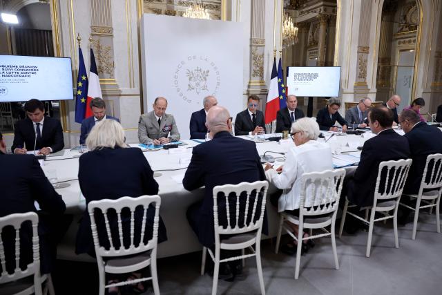 France's President Emmanuel Macron (up C) chairs the fifth follow-up meeting on combating drug trafficking at the Elysee presidential Palace in Paris on July 2, 2026. (Photo by SIMON WOHLFAHRT / POOL / AFP)