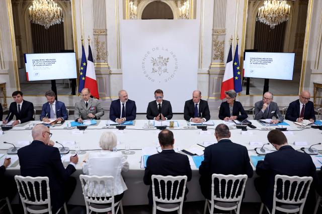 France's President Emmanuel Macron (up C) chairs the fifth follow-up meeting on combating drug trafficking at the Elysee presidential Palace in Paris on July 2, 2026. (Photo by SIMON WOHLFAHRT / POOL / AFP)