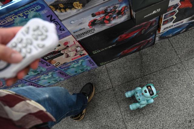 The photo taken on March 17, 2026 shows a shop owner demonstrating a robotic dog toy at Huaqiangbei Electronic Market in Shenzhen, southern China's Guangdong province. (Photo by Jade GAO / AFP)