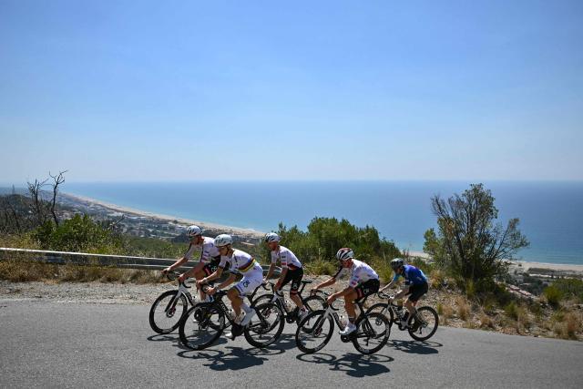UAE Team Emirates - XRG team's Slovenian rider Tadej Pogacar (2nd R) cycles with teammates during a training session two days prior to the start of the 113th edition of the Tour de France cycling race, in Castelldefels near Barcelona in northeastern Spain, on July 2, 2026. (Photo by Jeff PACHOUD / AFP)