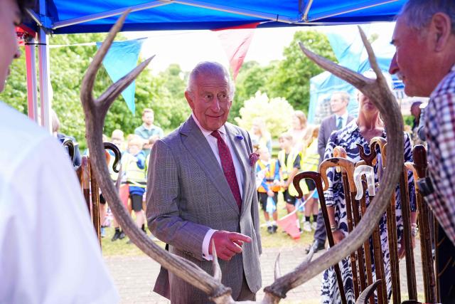Britain's King Charles III views horns during a visit to coincide with the Jethart Callant Festival in Jedburgh, Scotland on July 2, 2026. (Photo by Aaron Chown / POOL / AFP)