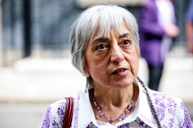 Diana Defries, who was forced to give her baby up for adoption at the age of 16, speaks to the media following a meeting of campaigners with Britain's Prime Minister Keir Starmer to discuss historical forced adoption, at Downing Street in London on July 2, 2026. (Photo by Isabel Infantes / POOL / AFP)