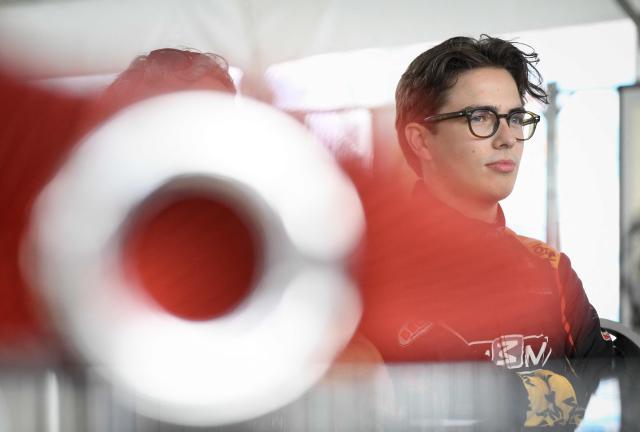 Prince Aymeric of Belgium looks on during a press conference presenting the program of the Belgian motor racing academy M3M Endurance Academy in Francorchamps, eastern Belgium on July 2, 2026. The 20-year-old son of the Princess and Prince of Belgium joined M3M Endurance Academy, created by Belgian endurance-racing team M3M to train young people aspiring to become professional racing drivers, in March 2026. (Photo by JOHN THYS / Belga / AFP) / Belgium OUT