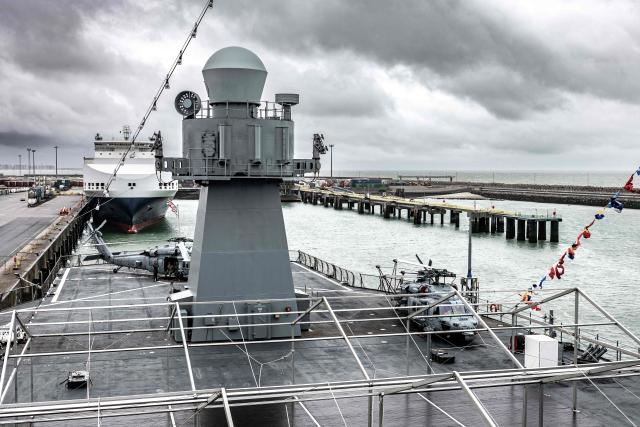 A photograph taken on July 2, 2026 shows the US Navy command ship USS Mount Whitney docked in the harbour of Zeebrugge. (Photo by KURT DESPLENTER / Belga / AFP) / Belgium OUT