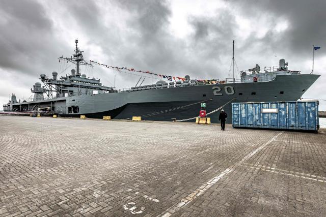 A photograph taken on July 2, 2026 shows the US Navy command ship USS Mount Whitney docked in the harbour of Zeebrugge. (Photo by KURT DESPLENTER / Belga / AFP) / Belgium OUT