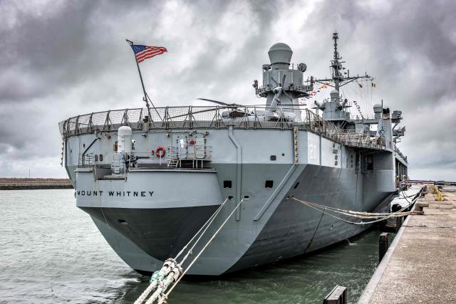 A photograph taken on July 2, 2026 shows the US Navy command ship USS Mount Whitney docked in the harbour of Zeebrugge. (Photo by KURT DESPLENTER / Belga / AFP) / Belgium OUT