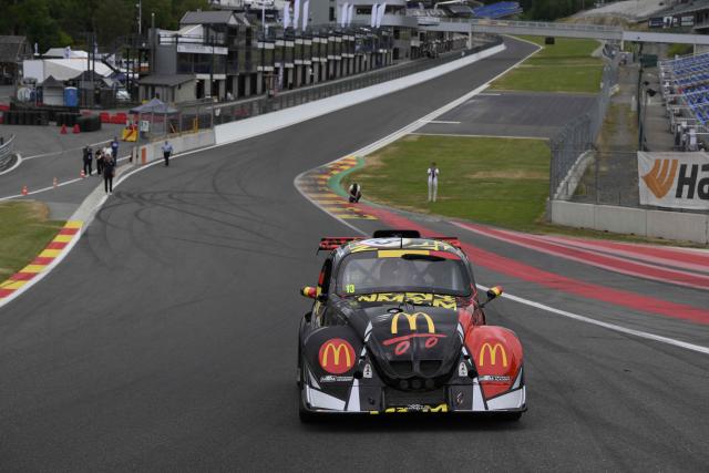 Prince Aymeric of Belgium drives a Volkswagen Beetle-inspired race car during a test drive of the Belgian motor racing academy M3M Endurance Academy at Circuit de Spa-Francorchamps in Francorchamps, eastern Belgium on July 2, 2026. The 20-year-old son of the Princess and Prince of Belgium joined M3M Endurance Academy, created by Belgian endurance-racing team M3M to train young people aspiring to become professional racing drivers, in March 2026. (Photo by JOHN THYS / Belga / AFP) / Belgium OUT