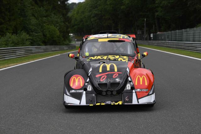Prince Aymeric of Belgium drives a Volkswagen Beetle-inspired race car during a test drive of the Belgian motor racing academy M3M Endurance Academy at Circuit de Spa-Francorchamps in Francorchamps, eastern Belgium on July 2, 2026. The 20-year-old son of the Princess and Prince of Belgium joined M3M Endurance Academy, created by Belgian endurance-racing team M3M to train young people aspiring to become professional racing drivers, in March 2026. (Photo by JOHN THYS / Belga / AFP) / Belgium OUT