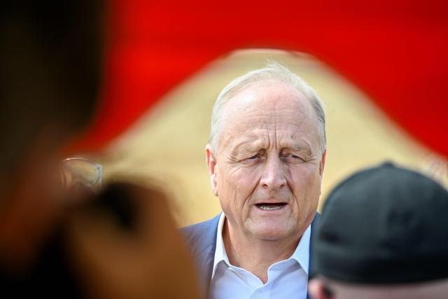 Joachim Rukwied, President of the German Farmers' Association (Deutscher Bauernverband) delivers a press conference to mark the start of the harvest in Gross Machnow, eastern Germany, on July 2, 2026. (Photo by RALF HIRSCHBERGER / AFP)
