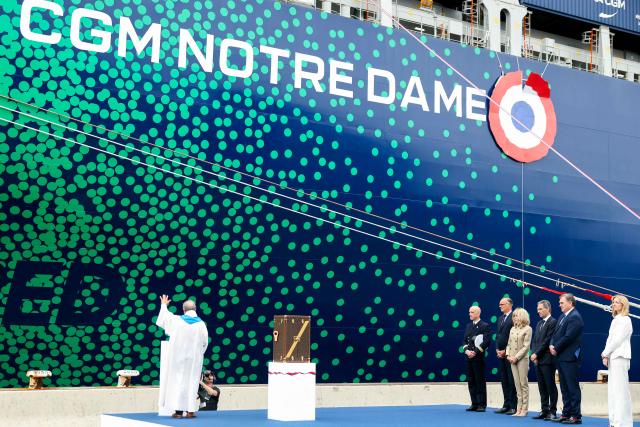 (From 3rdL) Former French Prime Minister and Mayor of Le Havre Edouard Philippe, France's President's wife Brigitte Macron, CMA CGM Group Chairman and CEO Rodolphe Saade, France's Transports Minister Philippe Tabarot and French fashion house Dior's head and and Executive Vice-President of Louis Vuitton Delphine Arnault take part in the inauguration of the CMA-CGM container ship the "Notre Dame", France's largest container ship, in Le Havre, Northeastern France on July 2, 2027. With 400 meters long, 62 meters wide, and 75 meters high, the CMA CGM Notre-Dame, which will operate on the AsiaEurope sea route, is designed to carry up to 24,212 containers. (Photo by Alain JOCARD / AFP)