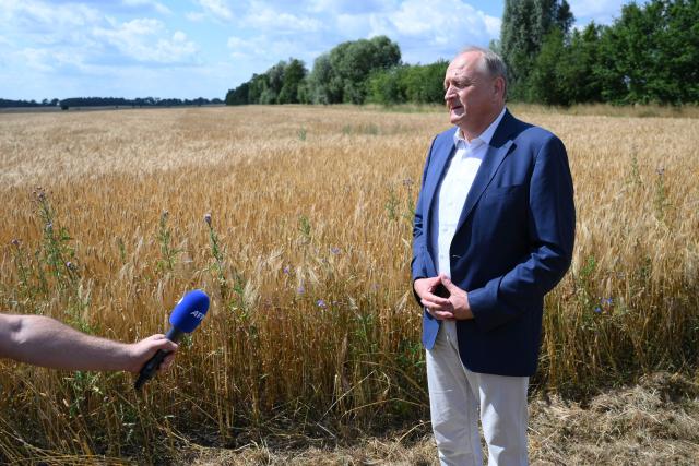 Joachim Rukwied, President of the German Farmers' Association (Deutscher Bauernverband) answers journalist during a press conference to mark the start of the harvest in Gross Machnow, eastern Germany, on July 2, 2026. (Photo by RALF HIRSCHBERGER / AFP)