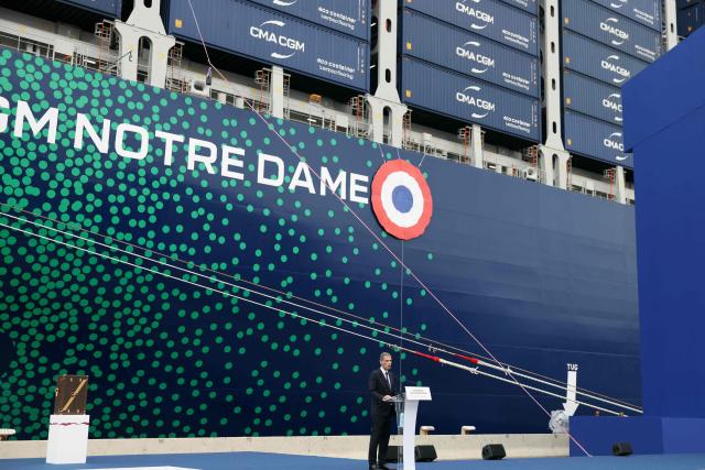 CMA CGM Group Chairman and CEO Rodolphe Saade addresse the audience as he takes part in the inauguration of the CMA-CGM container ship the "Notre Dame", France's largest container ship, in Le Havre, Northeastern France on July 2, 2026.  take part in the inauguration of the CMA-CGM container ship the "Notre Dame", France's largest container ship, in Le Havre, Northeastern France on July 2, 2026. With 400 meters long, 62 meters wide, and 75 meters high, the CMA CGM Notre-Dame, which will operate on the AsiaEurope sea route, is designed to carry up to 24,212 containers. (Photo by Alain JOCARD / AFP)