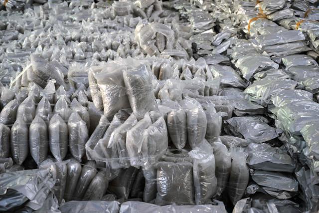 Packages of seized cannabis buds are displayed during a press conference in Gresik, East Java Province, on July 2, 2026. The National Narcotics Agency (BNN) in collaboration with Customs and the police foiled an attempt to smuggle 3.37 metric tons of cannabis buds from Thailand and apprehended 12 suspected perpetrators. (Photo by Juni KRISWANTO / AFP)