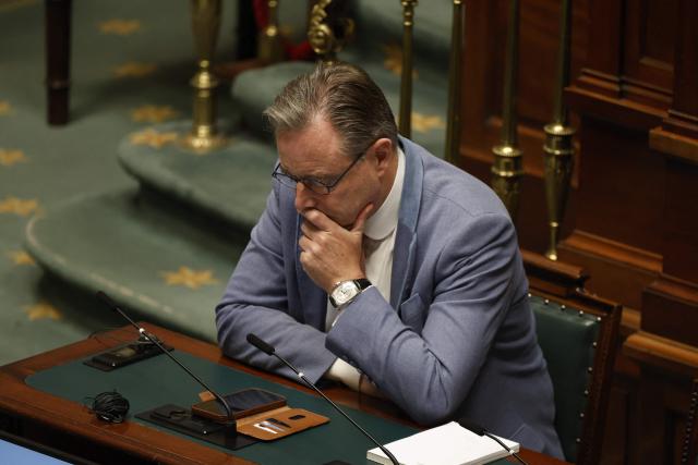 Belgium's Prime Minister Bart De Wever looks down during a plenary session of the Chamber at the Federal Parliament in Brussels, on July 2, 2026. (Photo by NICOLAS MAETERLINCK / Belga / AFP) / Belgium OUT