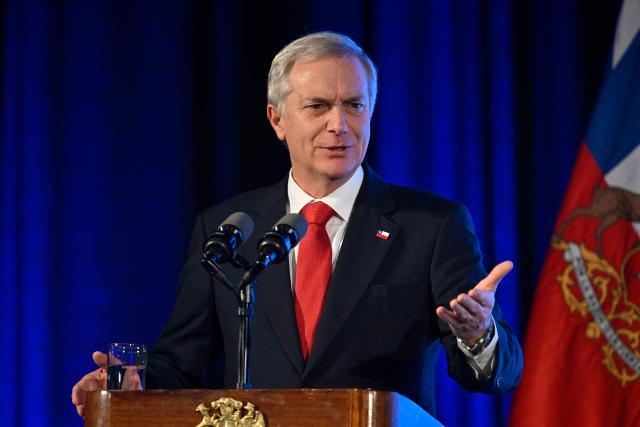 Chile's President Jose Antonio Kast delivers a speech during a breakfast organized by the Association of Marketing Executives of Uruguay (ADM) in Montevideo on July 2, 2026. Kast is on official visit in Uruguay. (Photo by Santiago Mazzarovich / AFP)