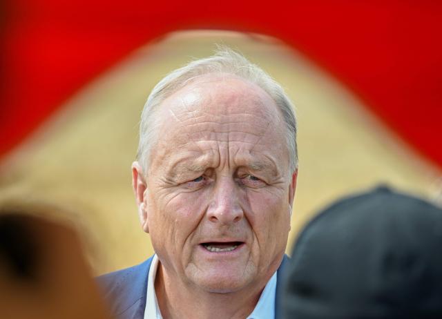 Joachim Rukwied, President of the German Farmers' Association (Deutscher Bauernverband) delivers a press statement during a press event marking the official start of the 2026 grain harvest in Gross Machnow, eastern Germany, on July 2, 2026. (Photo by RALF HIRSCHBERGER / AFP) / ALTERNATIVE CROP