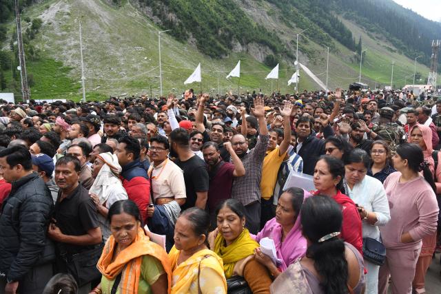 Hindu pilgrims arrive ahead of their holy Amarnath Yatra, at the Baltal Base Camp in Baltal on July 2, 2026. (Photo by AFP)