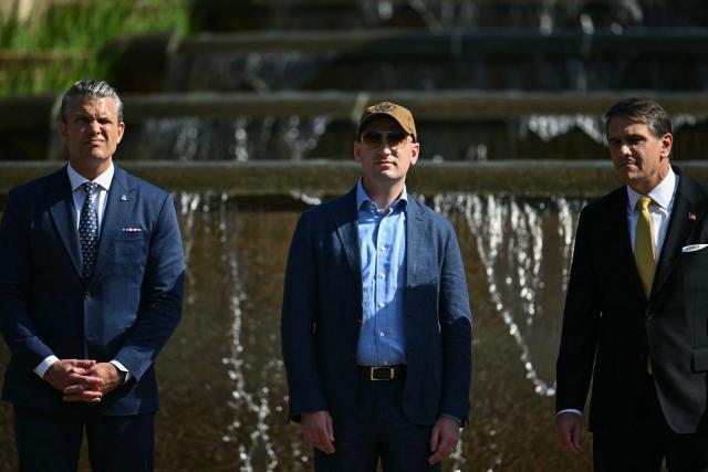 (L/R) US Secretary of Defense Pete Hegseth, White House Deputy Chief of Staff Stephen Miller, and Acting Attorney General Todd Blanche attend a “DC Safe and Beautiful Task Force” ceremony with the National Guard at Meridian Hill Park in Washington, DC, on July 2, 2026. (Photo by Kent NISHIMURA / AFP)