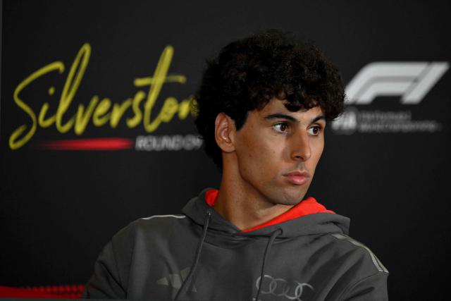 Audi's Brazilian driver Gabriel Bortoleto attends a press conference ahead of the Formula One British Grand Prix at the Silverstone motor racing circuit in Silverstone, central England, on July 2, 2026. (Photo by Andrej ISAKOVIC / AFP)