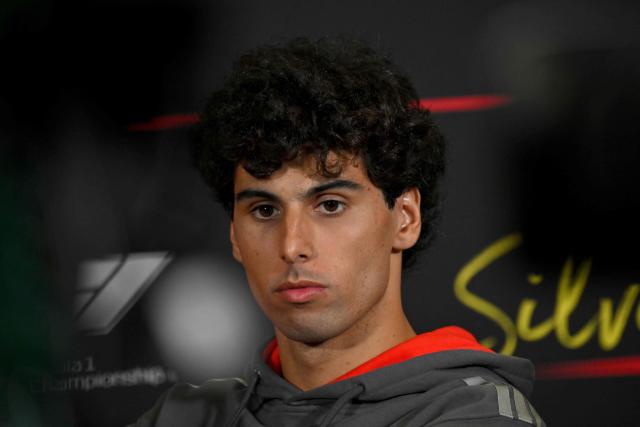 Audi's Brazilian driver Gabriel Bortoleto attends a press conference ahead of the Formula One British Grand Prix at the Silverstone motor racing circuit in Silverstone, central England, on July 2, 2026. (Photo by Andrej ISAKOVIC / AFP)
