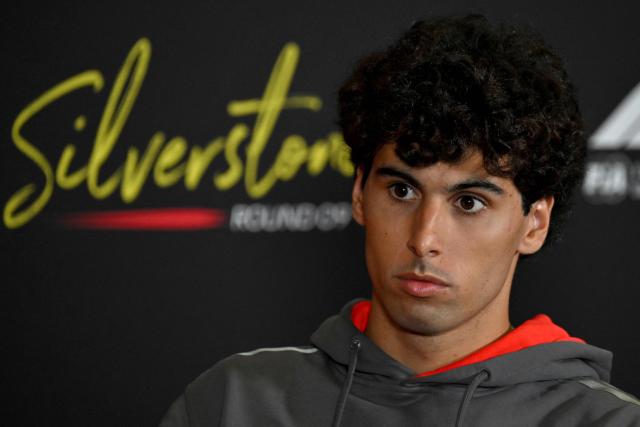 Audi's Brazilian driver Gabriel Bortoleto attends a press conference ahead of the Formula One British Grand Prix at the Silverstone motor racing circuit in Silverstone, central England, on July 2, 2026. (Photo by Andrej ISAKOVIC / AFP)