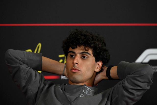 Audi's Brazilian driver Gabriel Bortoleto attends a press conference ahead of the Formula One British Grand Prix at the Silverstone motor racing circuit in Silverstone, central England, on July 2, 2026. (Photo by Andrej ISAKOVIC / AFP)